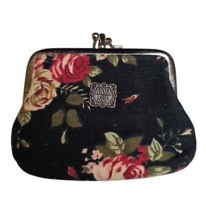 Anna Sui Designer Double Sided Kisslock Black Floral Tapestry Small Coin Purse